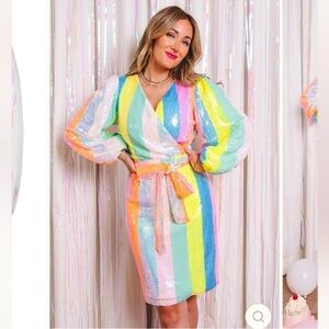 Ivy City Co Jagger Dress in Rainbow Striped Sequin - Size XS